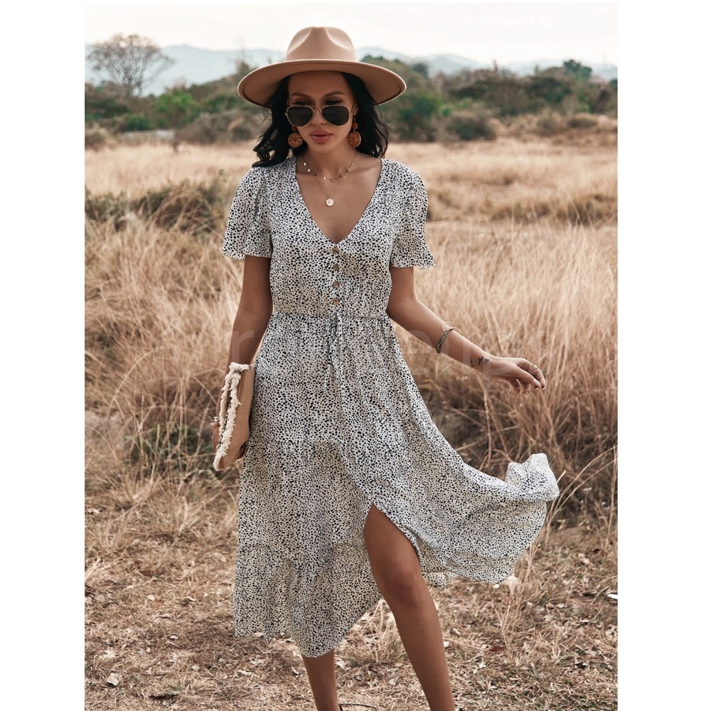 Spotted Print Black and White Midi Dress V-neck Button Front Ruffle Hem